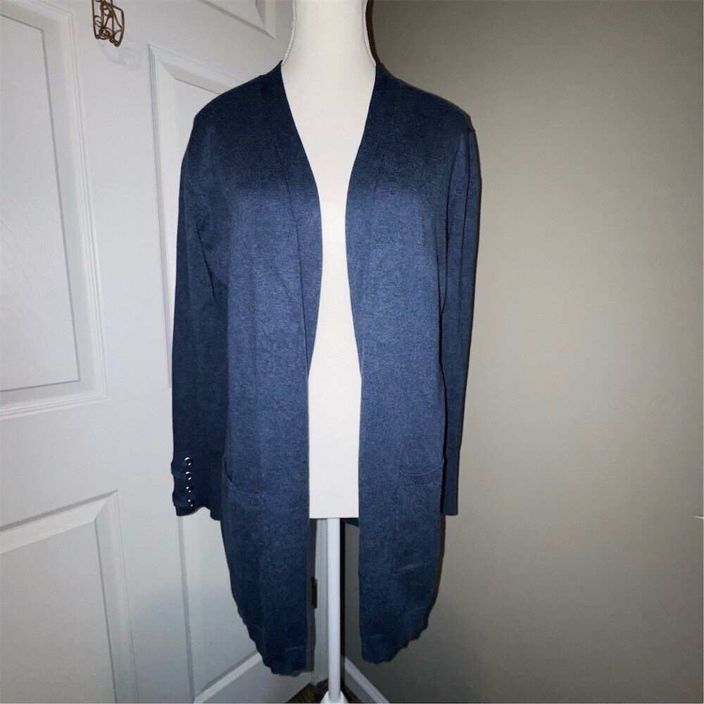 Isela‎ Open Front Longline Cardigan Sweater Womens Size M Blue Minimalist Preppy